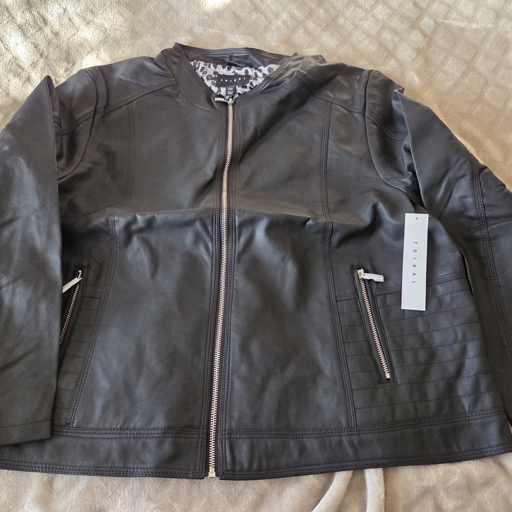 Tribal Black Leather Jacket with Patterned Lining